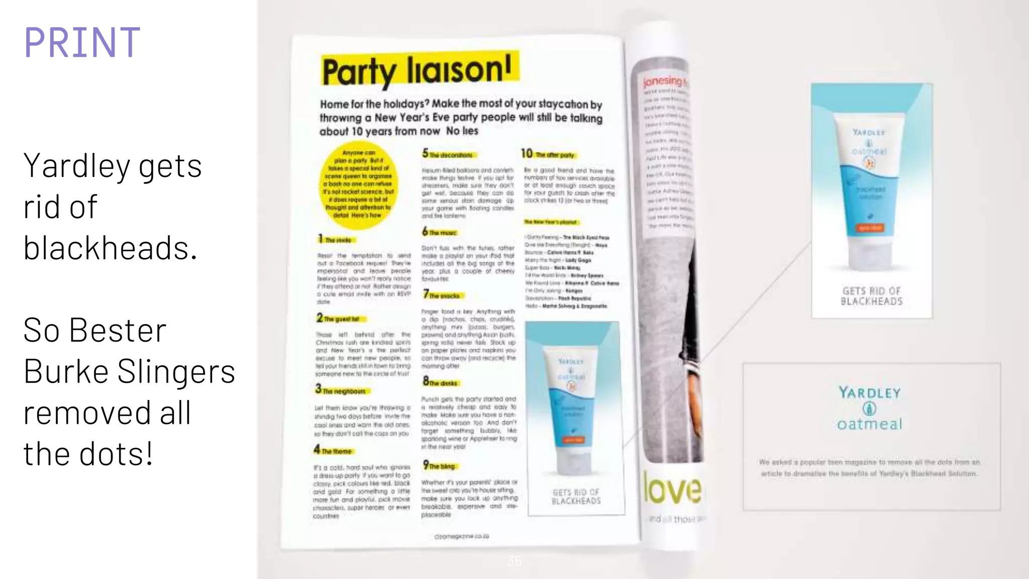 PRINT
Yardley gets
rid of
blackheads.
So Bester
Burke Slingers
removed all
the dots!
35
 