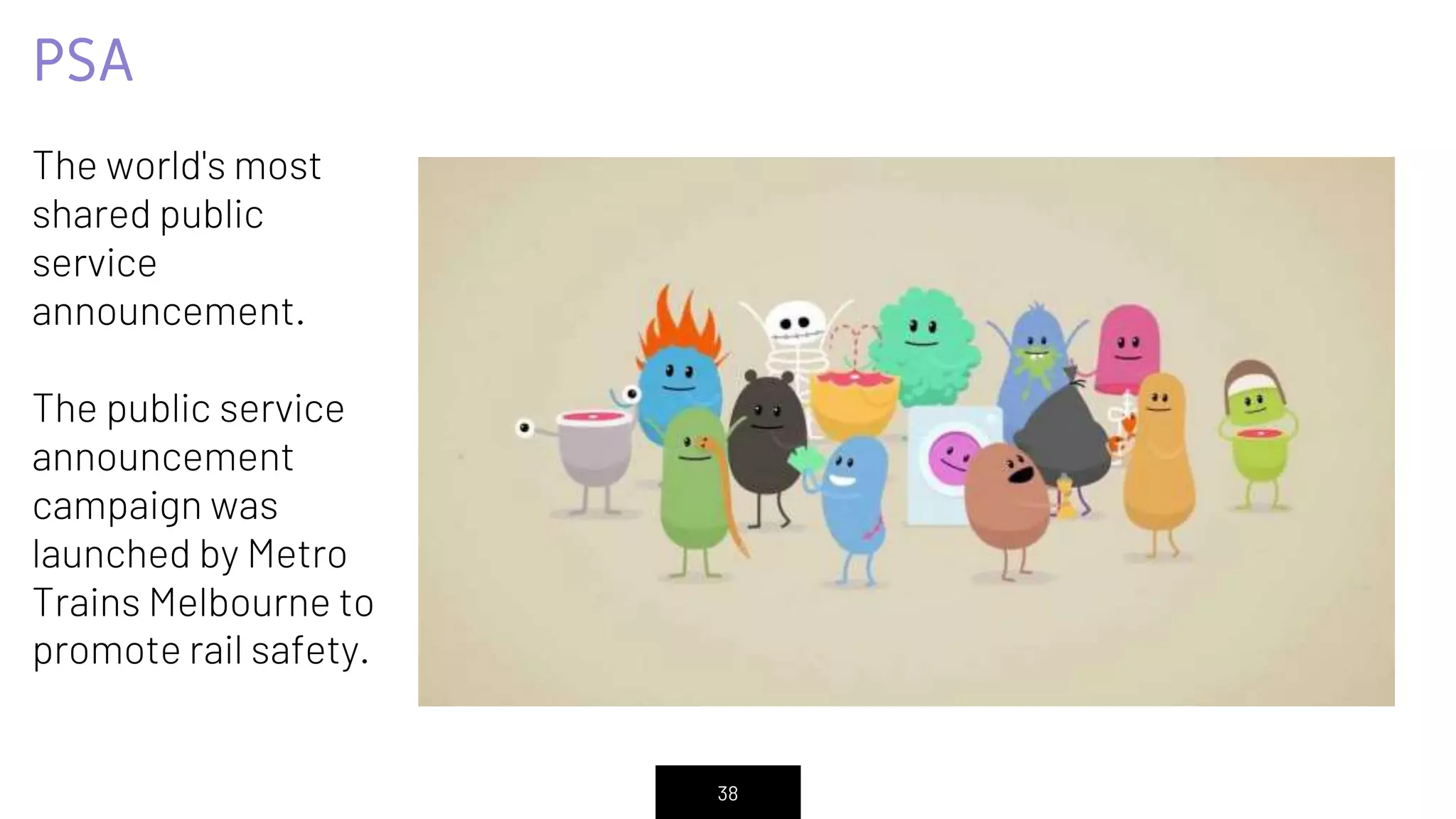 PSA
The world's most
shared public
service
announcement.
The public service
announcement
campaign was
launched by Metro
Trains Melbourne to
promote rail safety.
38
 