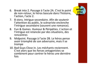 6.  Break	into	2.	Passage	à	l’acte	2A.	C’est	le	point	
de	non-retour,	le	héros	bascule	dans	l’histoire,	
l’action,	l’acte	2.	
7.  B	story.	Intrigue	secondaire.	Afin	de	soutenir	
l’attention	du	public,	le	scénariste	enclenche	
l’intrigue	secondaire	(souvent	une	romance).	
8.  Fun	&	Games.	Humour	&	Péripéties.	L’action	et	
l’intrigue	est	relancée	par	des	situations,	des	
rencontres	
9.  Midpoint.	Passage	à	l’acte	2B.	Le	héros	pense	
avoir	triomphé	de	son	adversaire,	mais	il	se	
trompe	
10. Bad	Guys	Close	in.	Les	méchants	reviennent.	
C’est	alors	que	les	forces	antagonistes	se	
combinent	pour	contrer	le	héros	une	dernière	
fois	
 