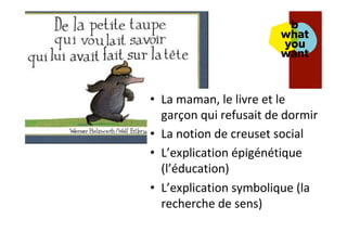 •  La	maman,	le	livre	et	le	
garçon	qui	refusait	de	dormir	
•  La	notion	de	creuset	social	
•  L’explication	épigénétique	
(l’éducation)	
•  L’explication	symbolique	(la	
recherche	de	sens)	
 