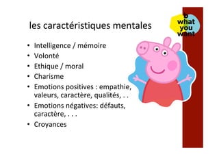 les	caractéristiques	mentales		
•  Intelligence	/	mémoire	
•  Volonté		
•  Ethique	/	moral	
•  Charisme		
•  Emotions	positives	:	empathie,	
valeurs,	caractère,	qualités,	.	.		
•  Emotions	négatives:	défauts,	
caractère,	.	.	.	
•  Croyances	
 