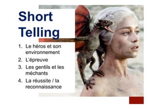 Short
Telling
1.  Le héros et son
environnement
2.  L’épreuve
3.  Les gentils et les
méchants
4.  La réussite / la
reconnaissance
 