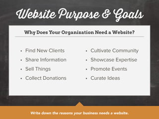Website Purpose & Goals 
Why Does Your Organization Need a Website? 
• Find New Clients 
• Share Information 
• Sell Things 
• Collect Donations 
• Cultivate Community 
• Showcase Expertise 
• Promote Events 
• Curate Ideas 
Write down the reasons your business needs a website. 
 