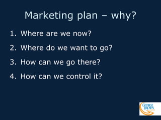 Marketing plan – why?
1. Where are we now?
2. Where do we want to go?
3. How can we go there?
4. How can we control it?

 