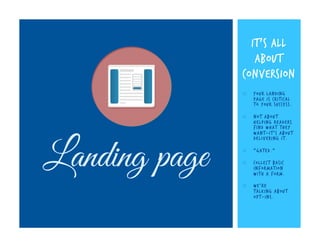 IT’S ALL
ABOUT
CONVERSION
¡ 

¡ 

Landing page

Your landing
page is critical
to your success.
Not about
helping readers...