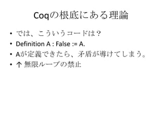 CoqθפˤՓ
?   Ǥϡ`ɤϣ
?   Definition A : False := A.
?   AxǤ顢ìܤƤޤ
?    oޥ`פνֹ
 