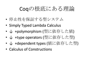 CoqθפˤՓ
?   ֹͣԤ^ͥƥ
?   Simply Typed Lambda Calculus
?    +polymorphism (ͤ椷)
?    +type operators (ͤ椷)
?    +dependent types (椷)
?   Calculus of Constructions
 