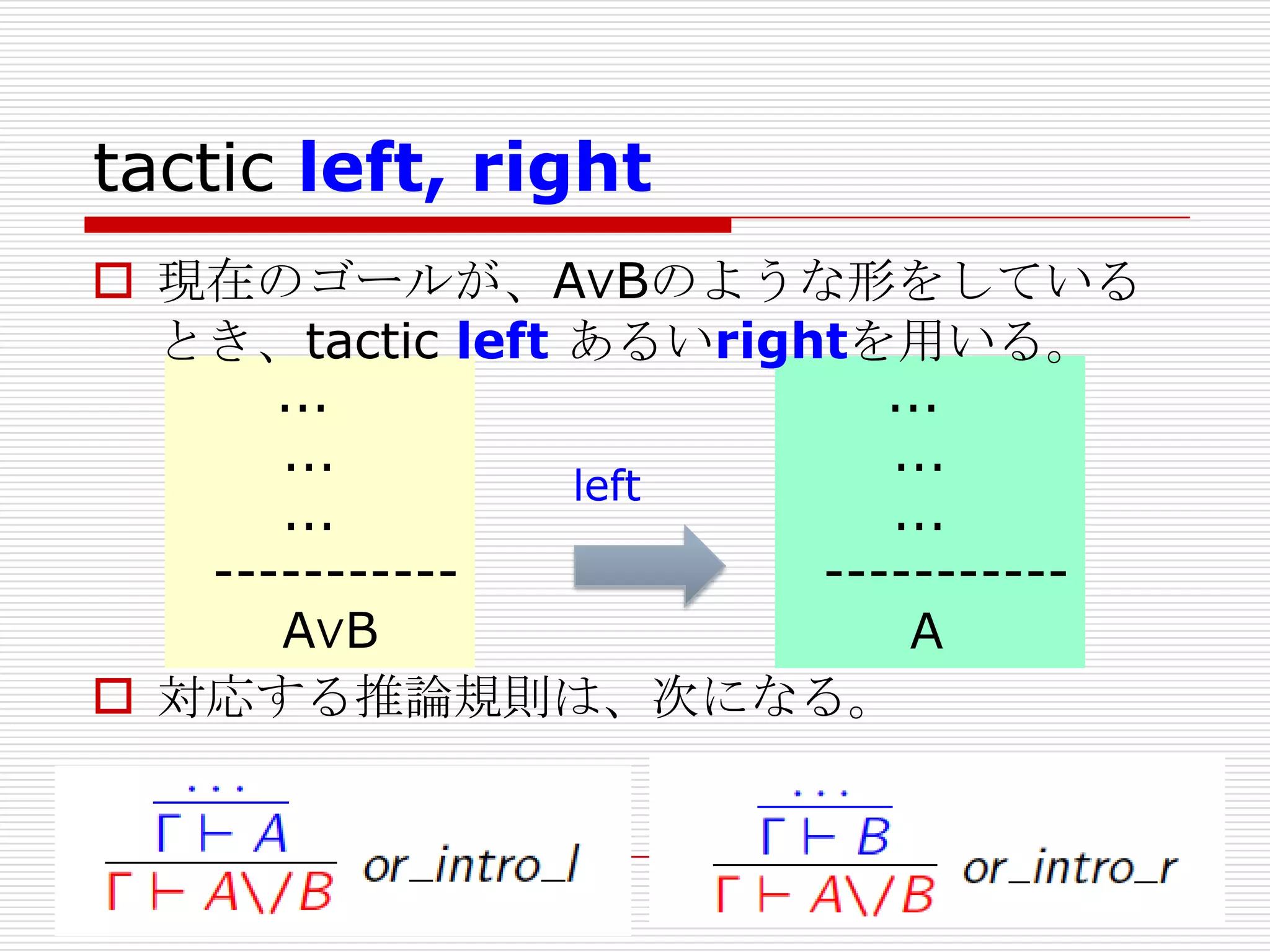 tactic left, right
 現在のゴールが、A∨Bのような形をしている
とき、tactic left あるいrightを用いる。
...
...
...
...
left
...
...
--------------------A∨B
A
 対応する推論規則は、次になる。

 