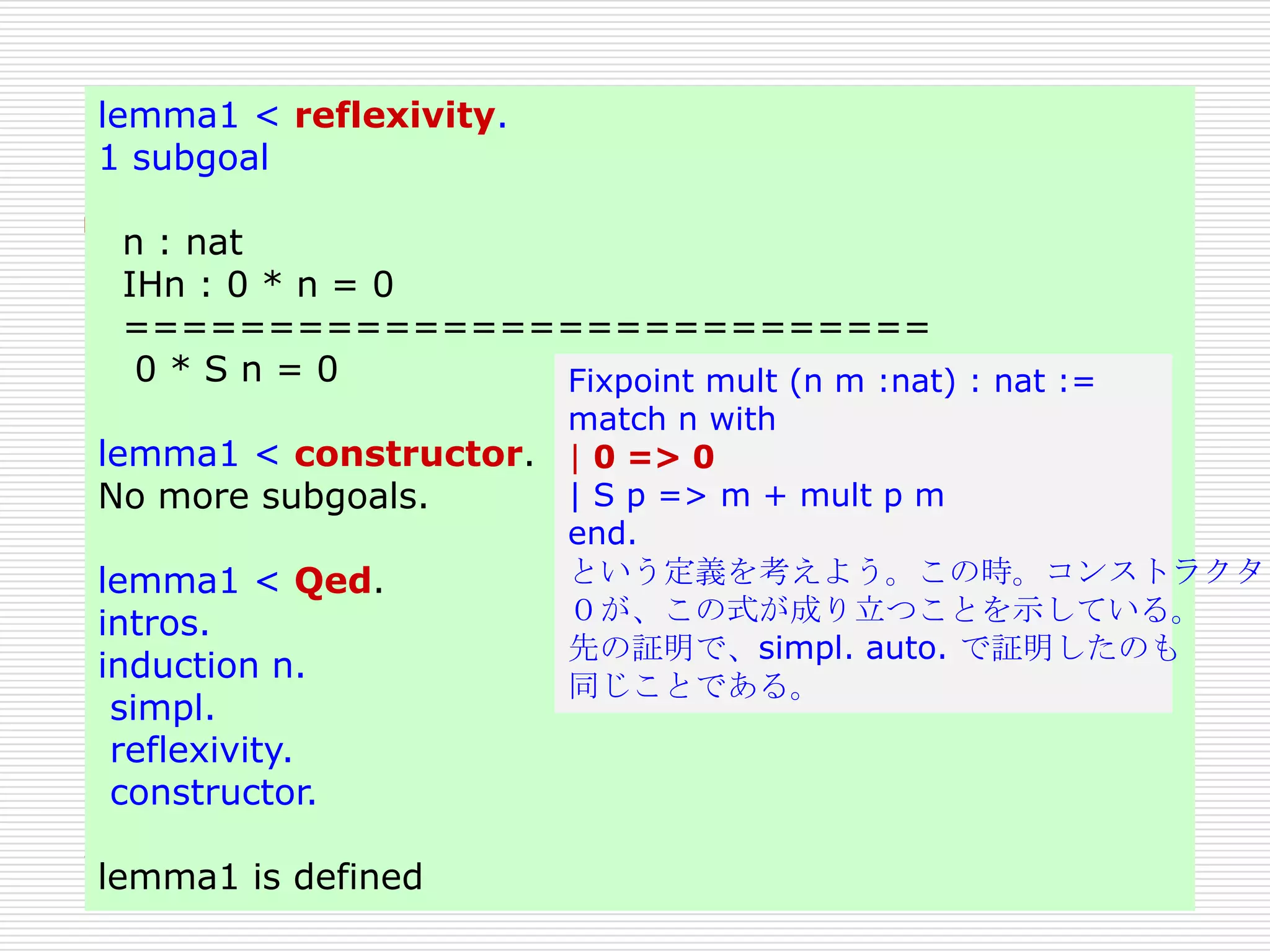 lemma1 < reflexivity.
1 subgoal

n : nat
IHn : 0 * n = 0
============================
0*Sn=0
Fixpoint mult (n m :nat) : nat :=
lemma1 < constructor.
No more subgoals.
lemma1 < Qed.
intros.
induction n.
simpl.
reflexivity.
constructor.
lemma1 is defined

match n with
| 0 => 0
| S p => m + mult p m
end.
という定義を考えよう。この時。コンストラクタ
０が、この式が成り立つことを示している。
先の証明で、simpl. auto. で証明したのも
同じことである。

 