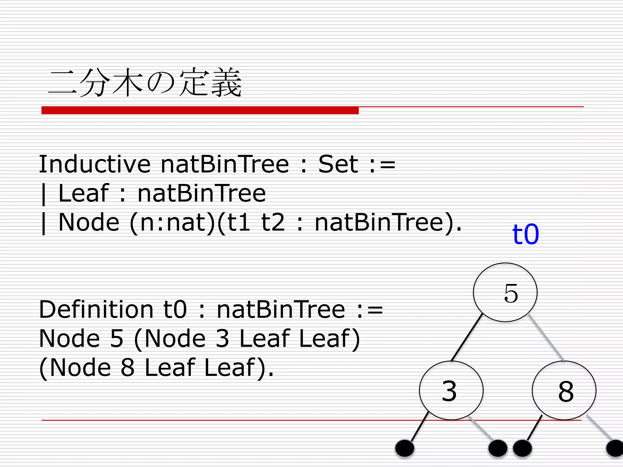 二分木の定義
Inductive natBinTree : Set :=
| Leaf : natBinTree
| Node (n:nat)(t1 t2 : natBinTree).

Definition t0 : natBinTree :=
Node 5 (Node 3 Leaf Leaf)
(Node 8 Leaf Leaf).

t0
５

3

8

 