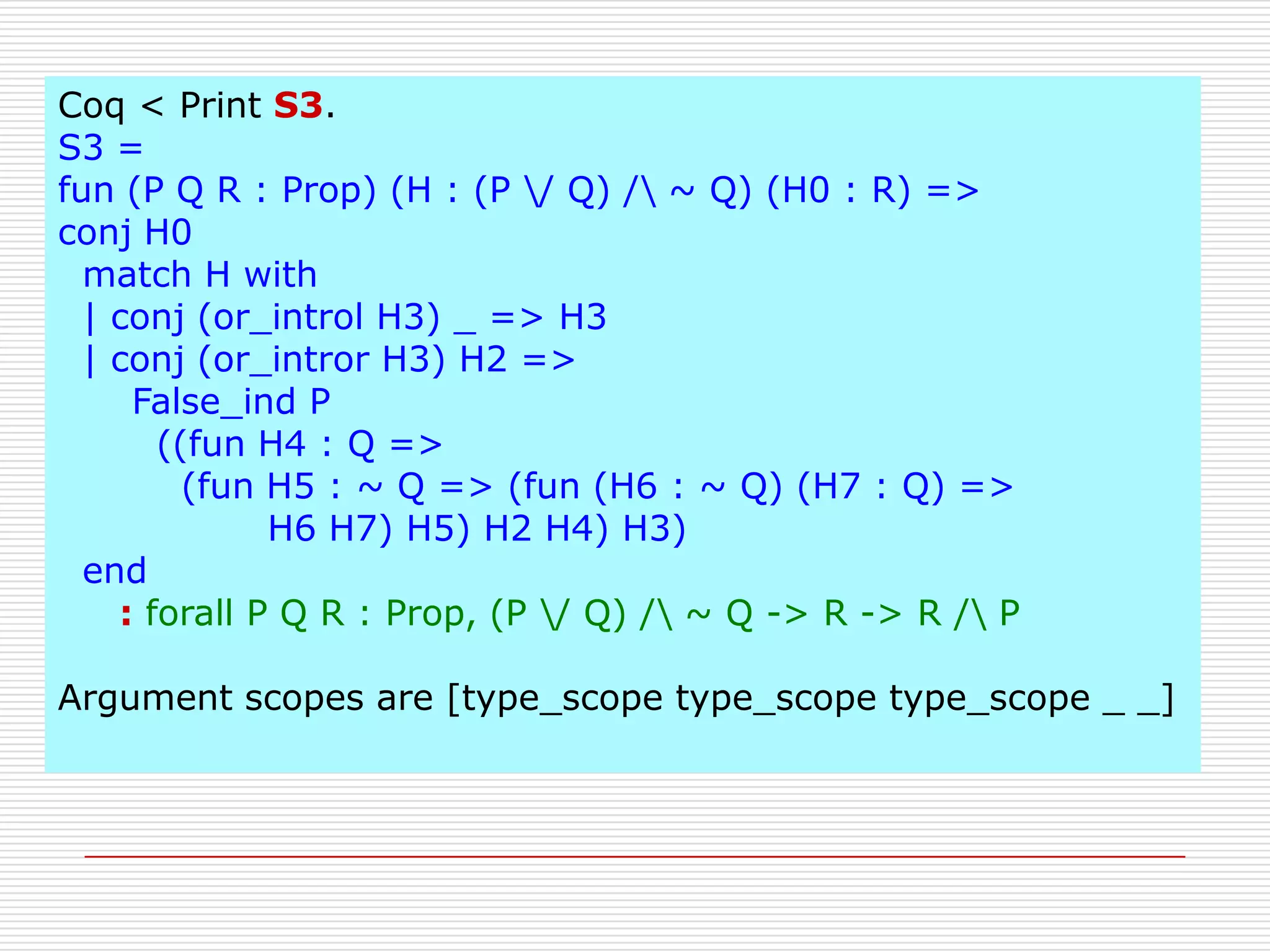 Coq < Print S3.
S3 =
fun (P Q R : Prop) (H : (P / Q) / ~ Q) (H0 : R) =>
conj H0
match H with
| conj (or_introl H3) _ => H3
| conj (or_intror H3) H2 =>
False_ind P
((fun H4 : Q =>
(fun H5 : ~ Q => (fun (H6 : ~ Q) (H7 : Q) =>
H6 H7) H5) H2 H4) H3)
end
: forall P Q R : Prop, (P / Q) / ~ Q -> R -> R / P
Argument scopes are [type_scope type_scope type_scope _ _]

 
