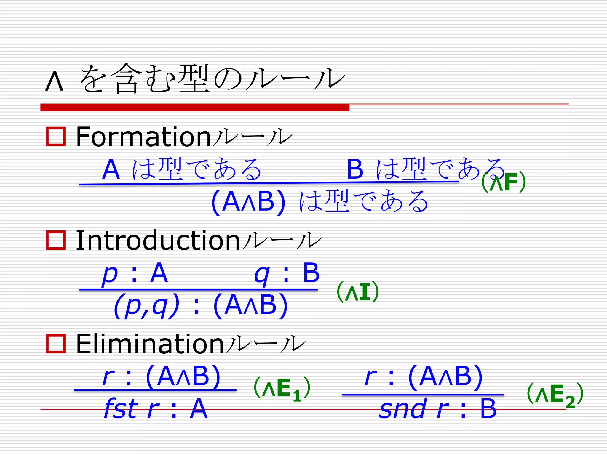 ∧ を含む型のルール
 Formationルール
A は型である
B は型である
（∧F）
(A∧B) は型である
 Introductionルール
p:A
q:B
（∧I）
(p,q) : (A∧B)
 Eliminationルール
r : (A∧B) （∧E ） r : (A∧B)
1
（∧E2）
fst r : A
snd r : B

 