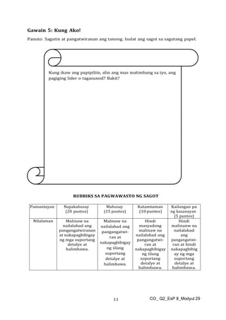 CO_ Q2_EsP 8_Modyul 29
11
Gawain 5: Kung Ako!
Panuto: Sagutin at pangatwiranan ang tanong. Isulat ang sagot sa sagutang papel.
RUBRIKS SA PAGWAWASTO NG SAGOT
Pamantayan Napakahusay
(20 puntos)
Mahusay
(15 puntos)
Katamtaman
(10 puntos)
Kailangan pa
ng kasanayan
(5 puntos)
Nilalaman Malinaw na
nailalahad ang
pangangatwiranan
at nakapagbibigay
ng mga suportang
detalye at
halimbawa.
Malinaw na
nailalahad ang
pangangatwi-
ran at
nakapagbibigay
ng iilang
suportang
detalye at
halimbawa.
Hindi
masyadong
malinaw na
nailalahad ang
pangangatwi-
ran at
nakapagbibigay
ng iilang
suportang
detalye at
halimbawa.
Hindi
malinanw na
nailalahad
ang
pangangatwi-
ran at hindi
nakapagbibig
ay ng mga
suportang
detalye at
halimbawa.
Kung ikaw ang papipiliin, alin ang mas matimbang sa iyo, ang
pagiging lider o tagasunod? Bakit?
 