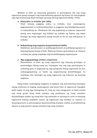 12 CO_Q2_ESP 8_ Modyul 30
Maliban sa lider ay mayroong gampanin at pananagutan din ang isang
tagasunod upang masiguro ang maluwalhating ugnayan ng bawat isa. Iminungkahi
ang mga kasanayang dapat linangin ng isang ulirang tagasunod (Kelly, 1992):
a. Kakayahan sa trabaho (job skills)
Hindi lamang pagiging pokus sa trabaho, may pananagutan,
pagpapaunlad sa sariling kakayahan sa paggawa ang binibigyang pansin
sa kakayahang ito. Hinihimok din ang pagtulong sa kapuwa tagasunod
upang mas mapaangat ang kalidad ng trabaho ng kapwa ang dapat
linangin ng isang tagasunod upang masabi na ito ay may kakayahan sa
trabaho.
b. Kakayahang mag-organisa (organizational skills)
Kakikitaan ng kahusayan sa pakikipagsalamuha at pakikipag-ugnayan sa
kanyang kapwa kasapi at lider. Mahusay bumuo ng koneksyon at relasyon
sa ibang tao upang mapalago ang kinabibilangang organisasyon.
c. Mga pagpapahalaga (Values component)
Masasalamin sa kilos ng isang tagasunod ang kanyang prinsipyo at
paninindigan bilang isang tao. Yayakapin nito ang mga pamantayan at
mabuting gawi sa pagtupad ng mga gampanin bilang tagasunod na mas
makapagpapatatag sa imahe ng organisasyong kinabibilangan. Sa
madaling sabi, lilinangin ng isang tagasunod ang kabuuan ng kanyang
pagkatao.
Kung iisipin, mahalagang magkaisa at taglayin ang kani-kanilang katangian
upang maihanay at maging mapanagutan ang bawat lider at tagasunod. Sapagkat
kahit taglay na ang mga katangiang ito, wala pa ring mangyayari at hindi uunlad
ang isang grupo kung hindi matibay ang pundasyon ng isang samahan.
Kinakailangan ipakita ng isang lider ang malasakit at matatag na sarili sa kanyang
tagasunod habang ipapakita naman ng tagasunod ang matibay na suporta sa
kanyang pinuno sa pamamagitan ng pananatiling matapat, mabuti at produktibong
aksyon sa mga gawain upang umunlad ang isang samahan.
 
