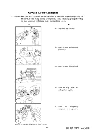14 CO_Q2_ESP 8_ Modyul 30
Gawain 4. Suri-Katangian!
A. Panuto: Mula sa mga larawan na nasa Hanay A, hanapin ang tamang sagot sa
Hanay B. Suriin kung anong katangian ng isang lider ang ipinapahiwatig
sa mga larawan. Isulat ang sagot sa sagutang papel.
A B
A. naglilingkod na lider
B. lider na may positibong
pananaw
C. lider na may integridad
D. lider na may tiwala sa
kakayahan ng iba
E. lider na magaling
magplano at magpasya
Iginuhit ni: Jubell C. Cababat at Alim V. Eviota
1
2
3
4
 