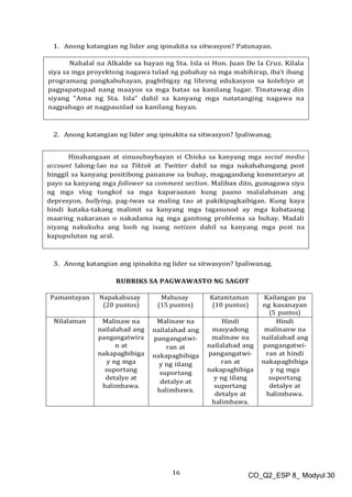 16 CO_Q2_ESP 8_ Modyul 30
1. Anong katangian ng lider ang ipinakita sa sitwasyon? Patunayan.
2. Anong katangian ng lider ang ipinakita sa sitwasyon? Ipaliwanag.
3. Anong katangian ang ipinakita ng lider sa sitwasyon? Ipaliwanag.
RUBRIKS SA PAGWAWASTO NG SAGOT
Pamantayan Napakahusay
(20 puntos)
Mahusay
(15 puntos)
Katamtaman
(10 puntos)
Kailangan pa
ng kasanayan
(5 puntos)
Nilalaman Malinaw na
nailalahad ang
pangangatwira
n at
nakapagbibiga
y ng mga
suportang
detalye at
halimbawa.
Malinaw na
nailalahad ang
pangangatwi-
ran at
nakapagbibiga
y ng iilang
suportang
detalye at
halimbawa.
Hindi
masyadong
malinaw na
nailalahad ang
pangangatwi-
ran at
nakapagbibiga
y ng iilang
suportang
detalye at
halimbawa.
Hindi
malinanw na
nailalahad ang
pangangatwi-
ran at hindi
nakapagbibiga
y ng mga
suportang
detalye at
halimbawa.
Nahalal na Alkalde sa bayan ng Sta. Isla si Hon. Juan De la Cruz. Kilala
siya sa mga proyektong nagawa tulad ng pabahay sa mga mahihirap, iba’t ibang
programang pangkabuhayan, pagbibigay ng libreng edukasyon sa kolehiyo at
pagpapatupad nang maayos sa mga batas sa kanilang lugar. Tinatawag din
siyang “Ama ng Sta. Isla” dahil sa kanyang mga natatanging nagawa na
nagpabago at nagpaunlad sa kanilang bayan.
Hinahangaan at sinusubaybayan si Chiska sa kanyang mga social media
account lalong-lao na sa Tiktok at Twitter dahil sa mga nakahahangang post
hinggil sa kanyang positibong pananaw sa buhay, magagandang komentaryo at
payo sa kanyang mga follower sa comment section. Maliban dito, gumagawa siya
ng mga vlog tungkol sa mga kaparaanan kung paano malalabanan ang
depresyon, bullying, pag-iwas sa maling tao at pakikipagkaibigan. Kung kaya
hindi kataka-takang malimit sa kanyang mga tagasunod ay mga kabataang
maaring nakaranas o nakadama ng mga ganitong problema sa buhay. Madali
niyang nakukuha ang loob ng isang netizen dahil sa kanyang mga post na
kapupulutan ng aral.
 