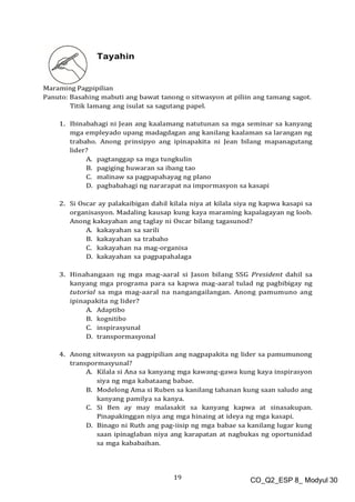 19 CO_Q2_ESP 8_ Modyul 30
Tayahin
Maraming Pagpipilian
Panuto: Basahing mabuti ang bawat tanong o sitwasyon at piliin ang tamang sagot.
Titik lamang ang isulat sa sagutang papel.
1. Ibinabahagi ni Jean ang kaalamang natutunan sa mga seminar sa kanyang
mga empleyado upang madagdagan ang kanilang kaalaman sa larangan ng
trabaho. Anong prinsipyo ang ipinapakita ni Jean bilang mapanagutang
lider?
A. pagtanggap sa mga tungkulin
B. pagiging huwaran sa ibang tao
C. malinaw sa pagpapahayag ng plano
D. pagbabahagi ng nararapat na impormasyon sa kasapi
2. Si Oscar ay palakaibigan dahil kilala niya at kilala siya ng kapwa kasapi sa
organisasyon. Madaling kausap kung kaya maraming kapalagayan ng loob.
Anong kakayahan ang taglay ni Oscar bilang tagasunod?
A. kakayahan sa sarili
B. kakayahan sa trabaho
C. kakayahan na mag-organisa
D. kakayahan sa pagpapahalaga
3. Hinahangaan ng mga mag-aaral si Jason bilang SSG President dahil sa
kanyang mga programa para sa kapwa mag-aaral tulad ng pagbibigay ng
tutorial sa mga mag-aaral na nangangailangan. Anong pamumuno ang
ipinapakita ng lider?
A. Adaptibo
B. kognitibo
C. inspirasyunal
D. transpormasyonal
4. Anong sitwasyon sa pagpipilian ang nagpapakita ng lider sa pamumunong
transpormasyunal?
A. Kilala si Ana sa kanyang mga kawang-gawa kung kaya inspirasyon
siya ng mga kabataang babae.
B. Modelong Ama si Ruben sa kanilang tahanan kung saan saludo ang
kanyang pamilya sa kanya.
C. Si Ben ay may malasakit sa kanyang kapwa at sinasakupan.
Pinapakinggan niya ang mga hinaing at ideya ng mga kasapi.
D. Binago ni Ruth ang pag-iisip ng mga babae sa kanilang lugar kung
saan ipinaglaban niya ang karapatan at nagbukas ng oportunidad
sa mga kababaihan.
 