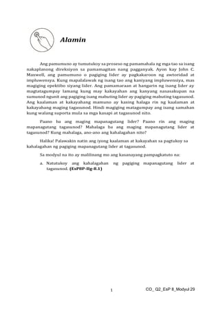 CO_ Q2_EsP 8_Modyul 29
1
Alamin
Ang pamumuno ay tumutukoy sa proseso ng pamamahala ng mga tao sa isang
nakaplanong direksiyon sa pamamagitan nang pagganyak. Ayon kay John C.
Maxwell, ang pamumuno o pagiging lider ay pagkakaroon ng awtoridad at
impluwensya. Kung mapalalawak ng isang tao ang kaniyang impluwensiya, mas
magiging epektibo siyang lider. Ang pamamaraan at hangarin ng isang lider ay
magtatagumpay lamang kung may kakayahan ang kanyang nasasakupan na
sumunod ngunit ang pagiging isang mabuting lider ay pagiging mabuting tagasunod.
Ang kaalaman at kakayahang mamuno ay kasing halaga rin ng kaalaman at
kakayahang maging tagasunod. Hindi magiging matagumpay ang isang samahan
kung walang suporta mula sa mga kasapi at tagasunod nito.
Paano ba ang maging mapanagutang lider? Paano rin ang maging
mapanagutang tagasunod? Mahalaga ba ang maging mapanagutang lider at
tagasunod? Kung mahalaga, ano-ano ang kahalagahan nito?
Halika! Palawakin natin ang iyong kaalaman at kakayahan sa pagtukoy sa
kahalagahan ng pagiging mapanagutang lider at tagasunod.
Sa modyul na ito ay malilinang mo ang kasanayang pampagkatuto na:
a. Natutukoy ang kahalagahan ng pagiging mapanagutang lider at
tagasunod. (EsP8P-IIg-8.1)
 