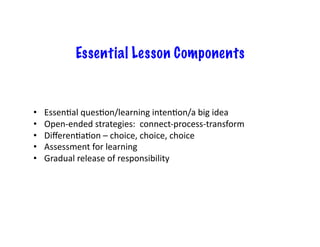 Essential Lesson Components


•    Essen,al	
  ques,on/learning	
  inten,on/a	
  big	
  idea	
  
•    Open-­‐ended	
  strategies:	
  	
  connect-­‐process-­‐transform	
  
•    Diﬀeren,a,on	
  –	
  choice,	
  choice,	
  choice	
  
•    Assessment	
  for	
  learning	
  
•    Gradual	
  release	
  of	
  responsibility	
  
 