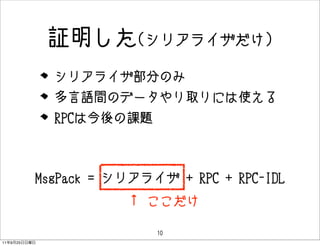 ^(ꥢ饤)
                ꥢ饤֤Τ
                ZgΥǩ`ȡˤʹ
                RPCϽο



              MsgPack = ꥢ饤 + RPC + RPC-IDL
                          

                             10
11   9   25
 