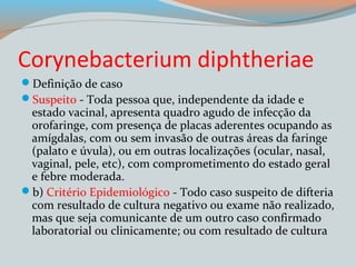 Corynebacterium diphtheriae 
Definição de caso 
Suspeito - Toda pessoa que, independente da idade e 
estado vacinal, apresenta quadro agudo de infecção da 
orofaringe, com presença de placas aderentes ocupando as 
amígdalas, com ou sem invasão de outras áreas da faringe 
(palato e úvula), ou em outras localizações (ocular, nasal, 
vaginal, pele, etc), com comprometimento do estado geral 
e febre moderada. 
b) Critério Epidemiológico - Todo caso suspeito de difteria 
com resultado de cultura negativo ou exame não realizado, 
mas que seja comunicante de um outro caso confirmado 
laboratorial ou clinicamente; ou com resultado de cultura 
 