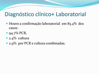 Diagnóstico clínico+ Laboratorial
 Houve a confirmação laboratorial em 83.4% dos
  casos:
 94.7% PCR,
 2.4% cultura
 2.9% por PCR e cultura combinadas.
 