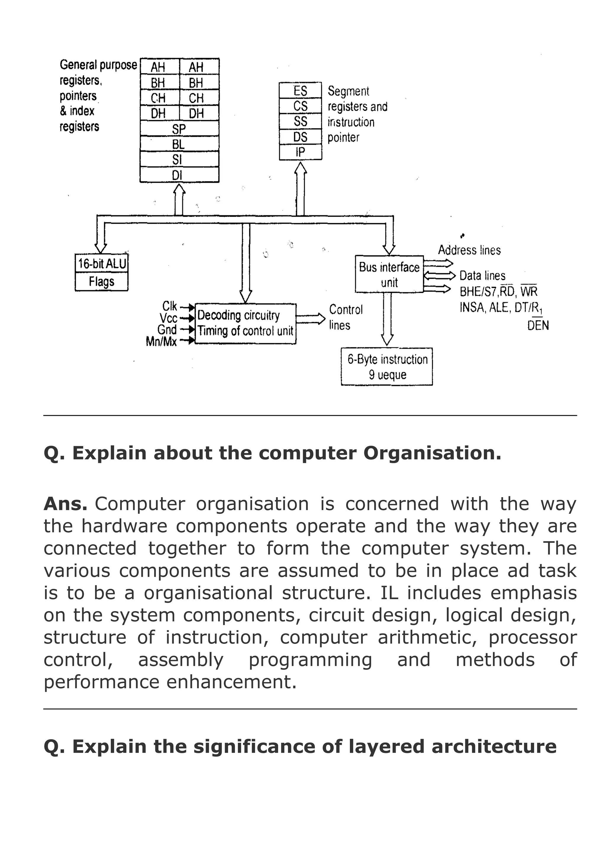 Q. Explain about the computer Organisation.
Ans. Computer organisation is concerned with the way
the hardware components operate and the way they are
connected together to form the computer system. The
various components are assumed to be in place ad task
is to be a organisational structure. IL includes emphasis
on the system components, circuit design, logical design,
structure of instruction, computer arithmetic, processor
control, assembly programming and methods of
performance enhancement.
Q. Explain the significance of layered architecture

 