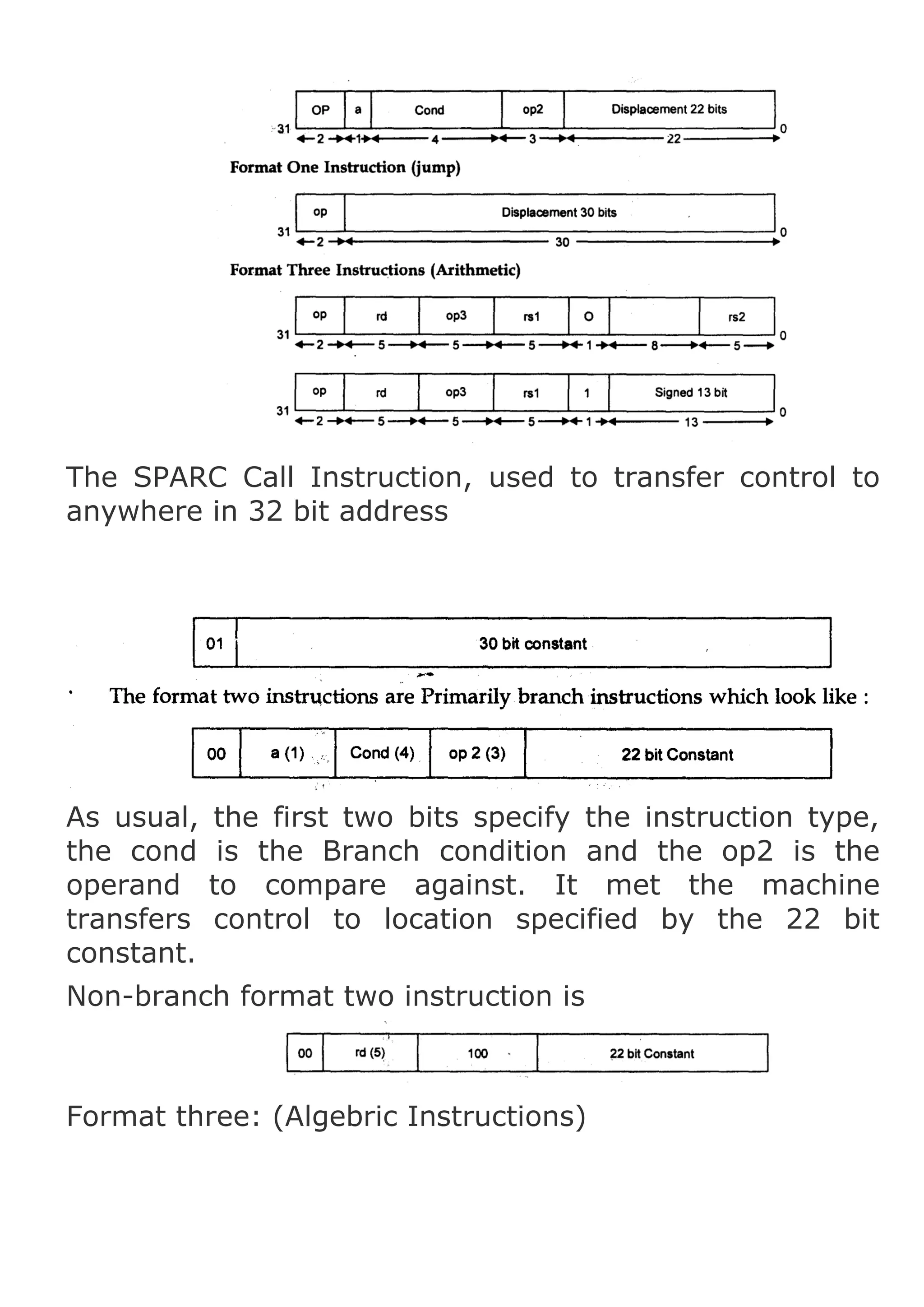 The SPARC Call Instruction, used to transfer control to
anywhere in 32 bit address

As usual,
the cond
operand
transfers
constant.

the first two bits specify the instruction type,
is the Branch condition and the op2 is the
to compare against. It met the machine
control to location specified by the 22 bit

Non-branch format two instruction is

Format three: (Algebric Instructions)

 