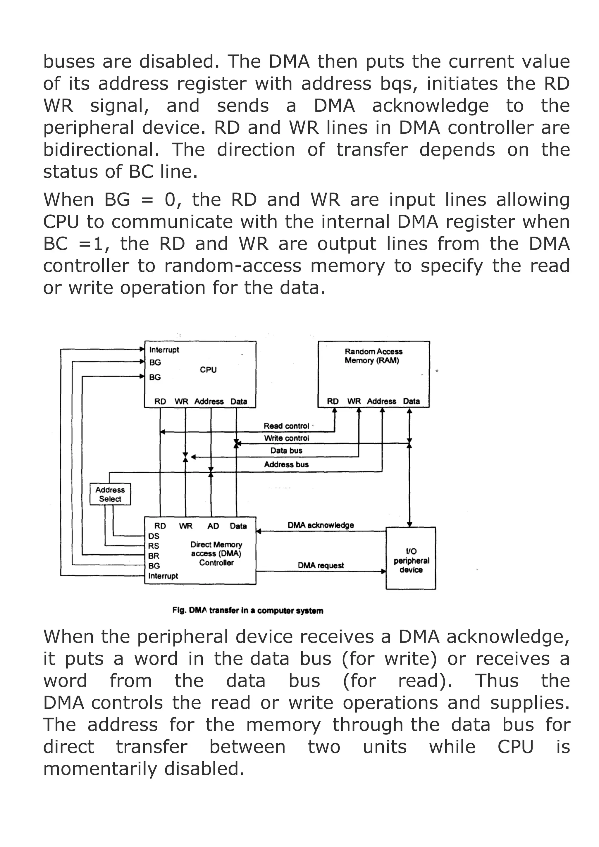 buses are disabled. The DMA then puts the current value
of its address register with address bqs, initiates the RD
WR signal, and sends a DMA acknowledge to the
peripheral device. RD and WR lines in DMA controller are
bidirectional. The direction of transfer depends on the
status of BC line.
When BG = 0, the RD and WR are input lines allowing
CPU to communicate with the internal DMA register when
BC =1, the RD and WR are output lines from the DMA
controller to random-access memory to specify the read
or write operation for the data.

When the peripheral device receives a DMA acknowledge,
it puts a word in the data bus (for write) or receives a
word from the data bus (for read). Thus the
DMA controls the read or write operations and supplies.
The address for the memory through the data bus for
direct transfer between two units while CPU is
momentarily disabled.

 