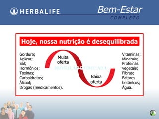 Hoje, nossa nutriç ão é desequilibrada Muita oferta Baixa oferta Gordura; Aç úcar; Sal; Hormônios; Toxinas; Carboidratos; Álcool; Drogas (medicamentos). Vitaminas; Minerais; Prote ínas vegetais; Fibras; Fatores botânicos; Água. 