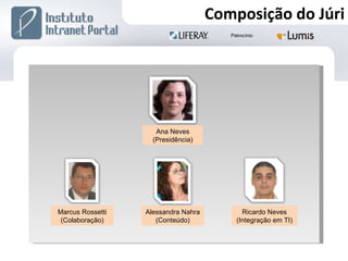 Ana Neves (Presidência) Alessandra Nahra (Conteúdo) Ricardo Neves (Integração em TI) Marcus Rossetti (Colaboração) Composição do Júri 