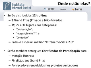 Serão distribuídos  12 troféus : 2 Grand Prixs (Privado e Não-Privado) 1º, 2º e 3º lugares nas Categorias: “ Colaboração”; “ Integração em TI”; e  “ Conteúdo”. Prêmio Especial: melhor “Intranet Social e 2.0” Serão também entregues  Certificados   de Participação  para: Menção Honrosa Finalistas aos Grand Prixs Fornecedores envolvidos nos projetos vencedores Onde estão elas? 