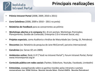 Prêmio Intranet Portal  (2008, 2009, 2010 e 2011) Livro Coletânea  (2008, 2009 e 2010 – 2011 no prelo) Relatórios de Feedback  para os concorrentes ao prêmio Workshops abertos e in company  (Ex: AI em portais; Workshops Premiados; Planejamento; Gestão de Conteúdo; Enterprise 2.0 e Intranet Social, etc) Projetos especiais , como Auditoria e Análise de Maturidade   (ex: Cemig, Oi, Petrobras) Descontos  (ex: Relatório da pesquisa de Jane McConnell, parceira internacional) Convênios  (ex: Senac-SP, em 2009) Ambientes online:  Rede V.I.P (“Você no Intranet Portal”), Forum Intranet Portal, Portal www.intranetportal.org.br Conteúdo público em redes sociais  (Twitter, Slideshare, Youtube, Facebook, LinnkedIn) Entrevistas , evangelizando sobre os ganhos trazidos pelas intranets e portais corporativos (ex: HSM Online, Revista Venda Mais, Portal KMOL, Revista Petrobras) Principais realizações 