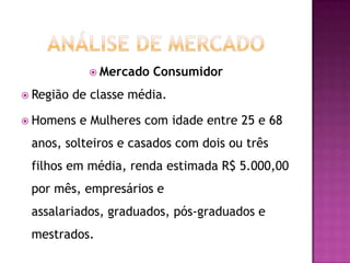  Mercado   Consumidor
 Região   de classe média.

 Homens    e Mulheres com idade entre 25 e 68
 anos, solteiros e casados com dois ou três
 filhos em média, renda estimada R$ 5.000,00
 por mês, empresários e
 assalariados, graduados, pós-graduados e
 mestrados.
 