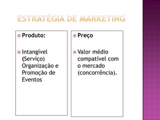  Produto:        Preço


 Intangível      Valor
                       médio
 (Serviço)        compatível com
 Organização e    o mercado
 Promoção de      (concorrência).
 Eventos
 