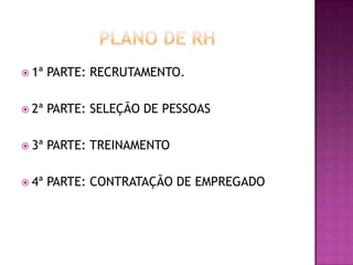  1ª   PARTE: RECRUTAMENTO.

 2ª   PARTE: SELEÇÃO DE PESSOAS

 3ª   PARTE: TREINAMENTO

 4ª   PARTE: CONTRATAÇÃO DE EMPREGADO
 