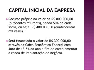  Recurso próprio no valor de R$ 800.000,00
 (oitocentos mil reais), sendo 50% de cada
 sócia, ou seja, R$ 400.000,00 (quatrocentos
 mil reais).

 Seráfinanciado o valor de R$ 300.000,00
 através da Caixa Econômica Federal com
 Juro de 13,5% ao ano a fim de complementar
 a renda de implantação do negócio.
 