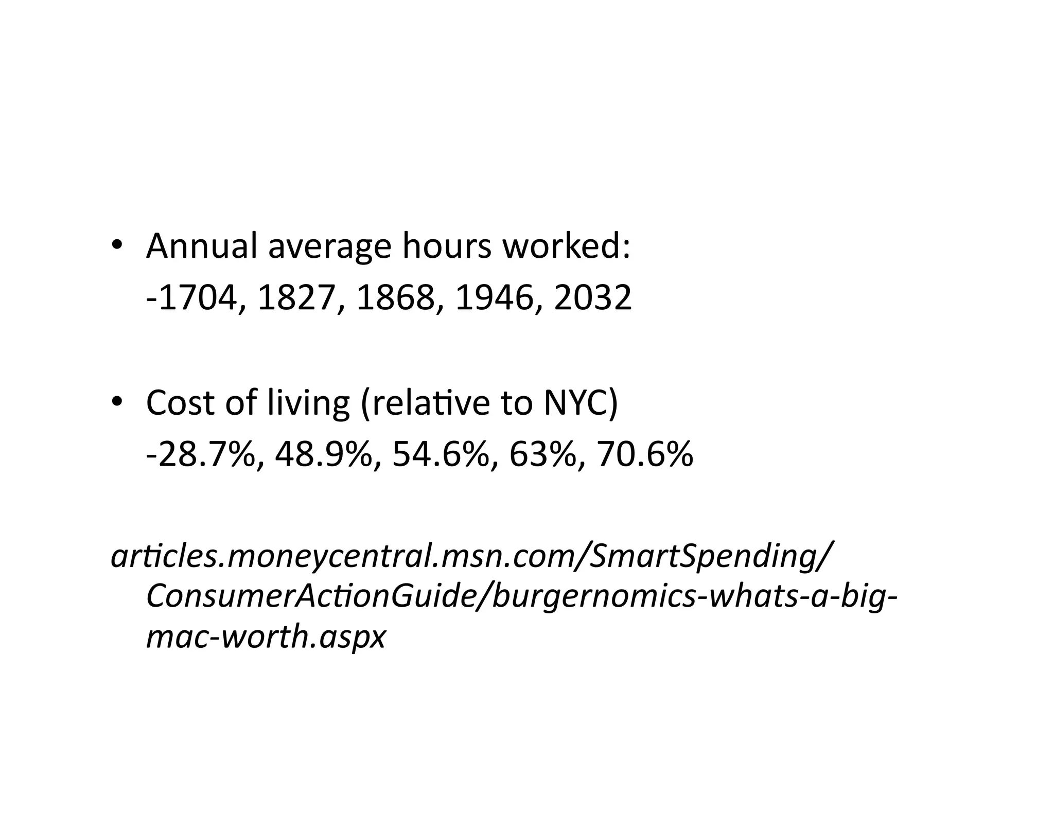 •  Annual	
  average	
  hours	
  worked:	
  
  	
  -­‐1704,	
  1827,	
  1868,	
  1946,	
  2032	
  

•  Cost	
  of	
  living	
  (rela<ve	
  to	
  NYC)	
  
  	
  -­‐28.7%,	
  48.9%,	
  54.6%,	
  63%,	
  70.6%	
  

ar#cles.moneycentral.msn.com/SmartSpending/
  ConsumerAc#onGuide/burgernomics-­‐whats-­‐a-­‐big-­‐
  mac-­‐worth.aspx	
  
 