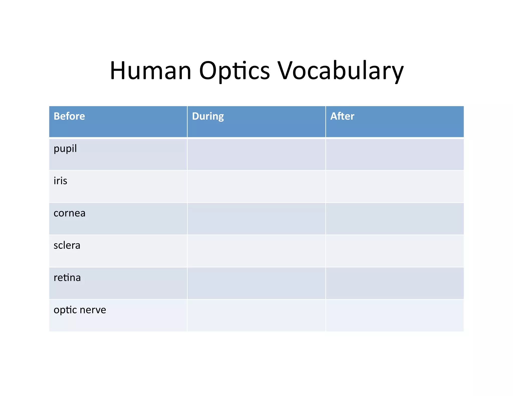 Human	
  Op<cs	
  Vocabulary	
  
Before	
                    During	
       A@er	
  

pupil	
  

iris	
  

cornea	
  

sclera	
  

re<na	
  

op<c	
  nerve	
  
 