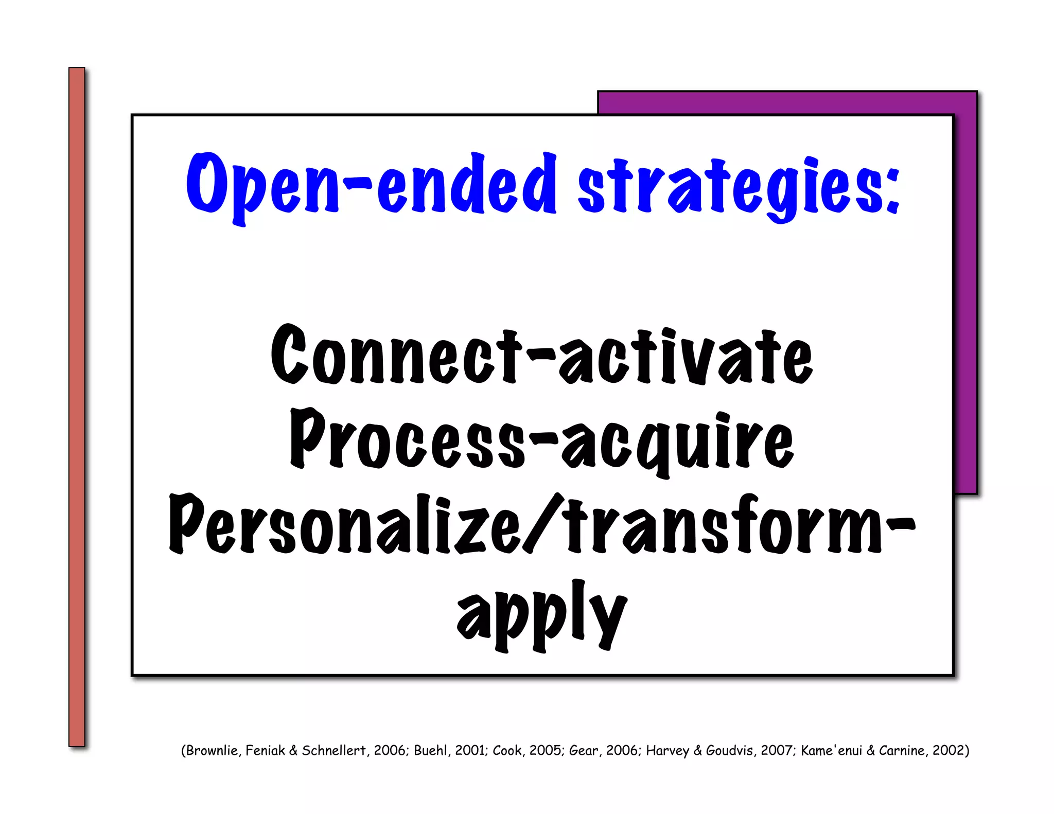 Open-ended strategies:

   Connect-activate
    Process-acquire
Personalize/transform-
         apply
(Brownlie, Feniak & Schnellert, 2006; Buehl, 2001; Cook, 2005; Gear, 2006; Harvey & Goudvis, 2007; Kame'enui & Carnine, 2002)
 
