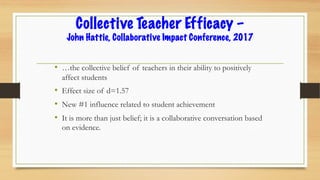 Collective Teacher Efficacy –
John Hattie, Collaborative Impact Conference, 2017
• …the collective belief of teachers in their ability to positively
affect students
• Effect size of d=1.57
• New #1 influence related to student achievement
• It is more than just belief; it is a collaborative conversation based
on evidence.
 