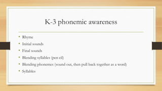 K-3 phonemic awareness
• Rhyme
• Initial sounds
• Final sounds
• Blending syllables (pen cil)
• Blending phonemes (sound out, then pull back together as a word)
• Syllables
 