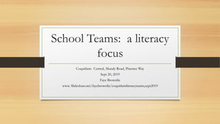 School Teams: a literacy
focus
Coquitlam: Central, Mundy Road, Pinetree Way
Sept 20, 2019
Faye Brownlie
www. Slideshare.net/fayebrownlie/coquitlamliteracyteams,sept2019
 