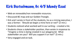 Kirk Deutschmann, Gr. 4/5 Mundy Road
• Web on renewable/non renewable resources.
• Discussed BC map and our Golden Triangle.
• Kirk and I wrote in front of the students, he as a mining executive, I
was a farmer: ‘Should we begin a mine here or not?’ (2 min.)
• Students noticed what worked well in our writing – created a list.
• Students chose a stakeholder position, then wrote in response to
“Imagine a mine is being created in our playground. What
stakeholder are you? Will you support it or not?” (5 min.)
• Very engaged and on task.
 