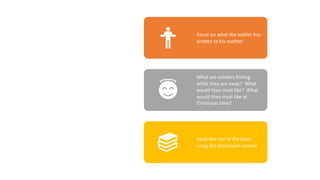AAS
wePart 2
Intro the
writing
activity:
Focus on what the soldier has
written to his mother
What are soldiers feeling
while they are away? What
would they most like? What
would they most like at
Christmas 9me?
Read the rest of the book
using the document camera
 