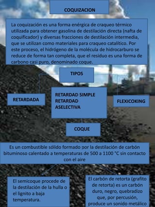 COQUE
Es un combustible sólido formado por la destilación de carbón
bituminoso calentado a temperaturas de 500 a 1100 °C sin contacto
con el aire
COQUIZACION
La coquización es una forma enérgica de craqueo térmico
utilizada para obtener gasolina de destilación directa (nafta de
coquificador) y diversas fracciones de destilación intermedia,
que se utilizan como materiales para craqueo catalítico. Por
este proceso, el hidrógeno de la molécula de hidrocarburo se
reduce de forma tan completa, que el residuo es una forma de
carbono casi puro, denominado coque.
TIPOS
RETARDADA
RETARDAD SIMPLE
RETARDAD
ASELECTIVA
FLEXICOKING
El carbón de retorta (grafito
de retorta) es un carbón
duro, negro, quebradizo
que, por percusión,
produce un sonido metálico
El semicoque procede de
la destilación de la hulla o
el lignito a baja
temperatura.