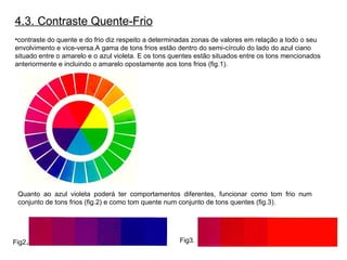 4.3. Contraste Quente-Frio   contraste do quente e do frio diz respeito a determinadas zonas de valores em relação a todo o seu envolvimento e vice-versa.A gama de tons frios estão dentro do semi-círculo do lado do azul ciano situado entre o amarelo e o azul violeta. E os tons quentes estão situados entre os tons mencionados anteriormente e incluindo o amarelo opostamente aos tons frios (fig.1). Quanto ao azul violeta poderá ter comportamentos diferentes, funcionar como tom frio num conjunto de tons frios (fig.2) e como tom quente num conjunto de tons quentes (fig.3). Fig2 . Fig3. 