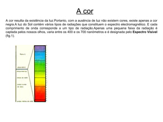 A cor resulta da existência da luz.Portanto, com a ausência de luz não existem cores, existe apenas a cor negra.A luz do Sol contém vários tipos de radiações que constituem o espectro electromagnético. E cada comprimento de onda corresponde a um tipo de radiação.Apenas uma pequena faixa da radiação é captada pelos nossos olhos, varia entre os 400 e os 700 nanómetros e é designada pelo  Espectro Visível  (fig.1). A cor 