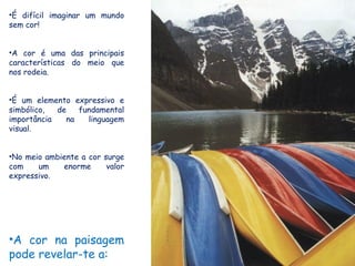 •É difícil imaginar um mundo
sem cor!


•A cor é uma das principais
características do meio que
nos rodeia.


•É um elemento expressivo e
simbólico,  de   fundamental
importância   na   linguagem
visual.


•No meio ambiente a cor surge
com    um    enorme      valor
expressivo.




•A cor na paisagem
pode revelar-te a:
 