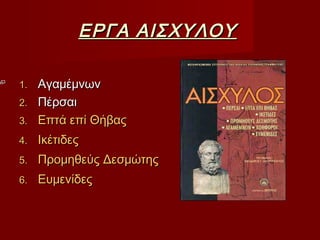ΕΡΓΑ ΑΙΣΧΥΛΟΥΕΡΓΑ ΑΙΣΧΥΛΟΥ
1.1. ΑγαμέμνωνΑγαμέμνων
2.2. ΠέρσαιΠέρσαι
3.3. Επτά επί ΘήβαςΕπτά επί Θήβας
4.4. ΙκέτιδεςΙκέτιδες
5.5. Προμηθεύς ΔεσμώτηςΠρομηθεύς Δεσμώτης
6.6. ΕυμενίδεςΕυμενίδες
 